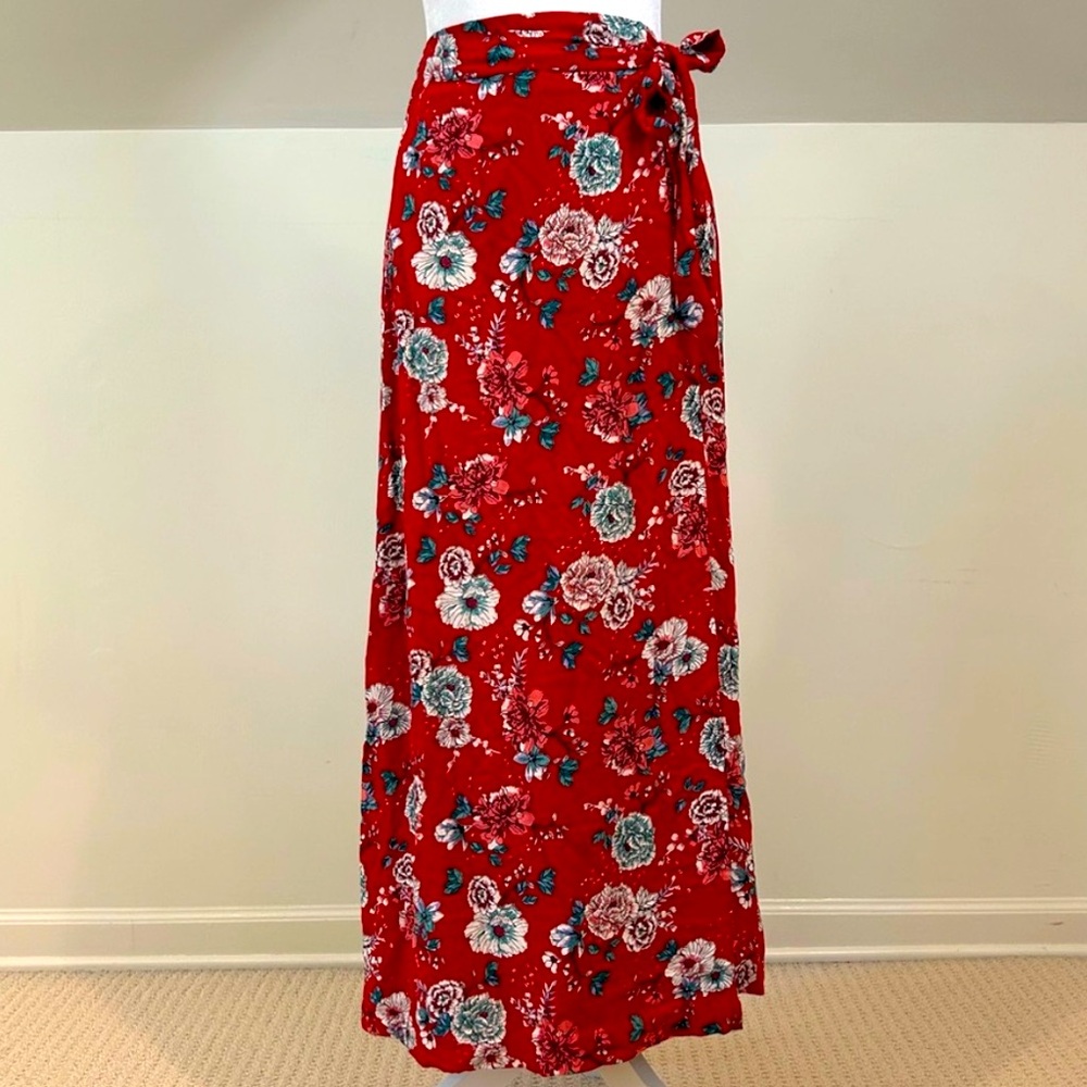 Red Floral Wrap Tie Maxi Skirt